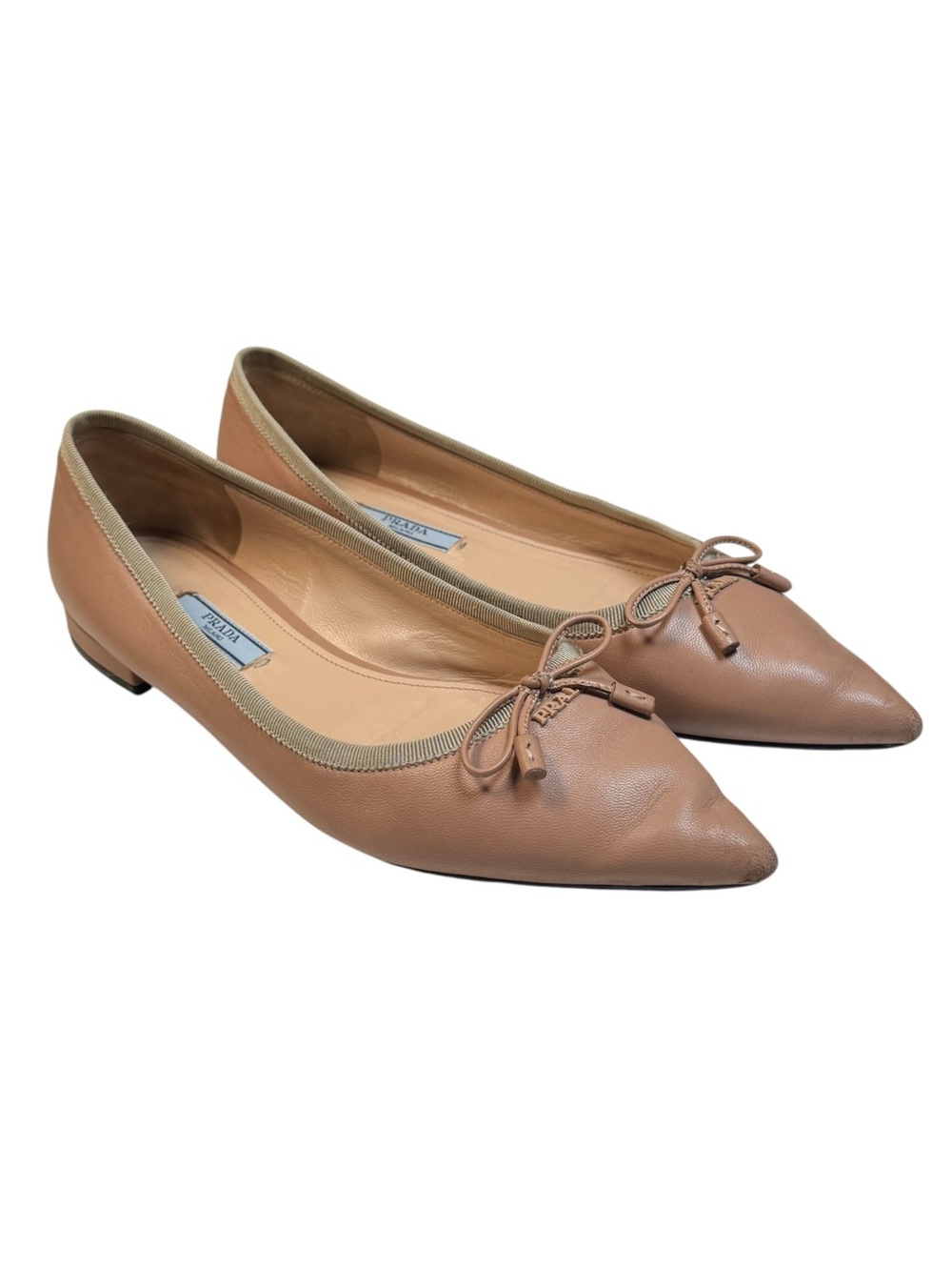 Prada Nude Tan Leather Pointed Toe Bow Logo Ballet Flats Italy 37.5 / 7.5
